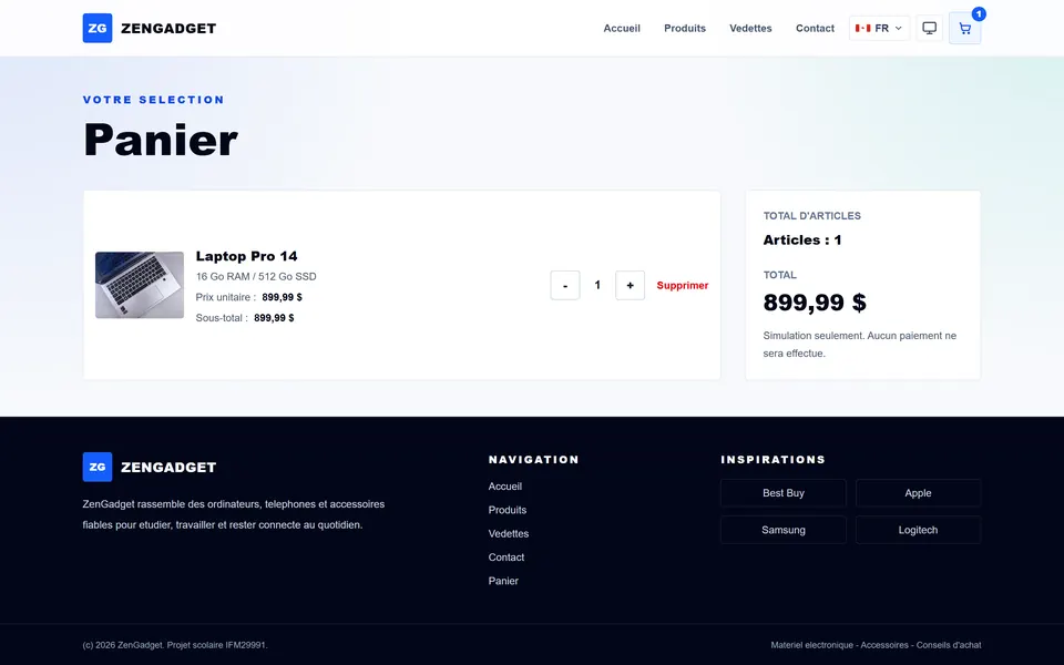 ZenGadget : le panier, avec le total et la mention « simulation seulement ».