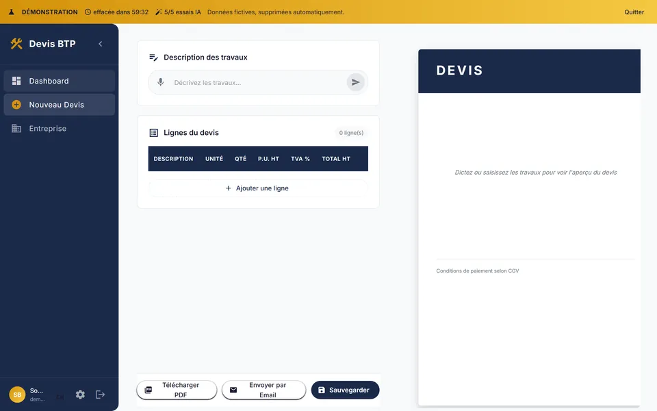 Devis BTP : l'écran de création, dictée des travaux à gauche, aperçu du devis à droite.