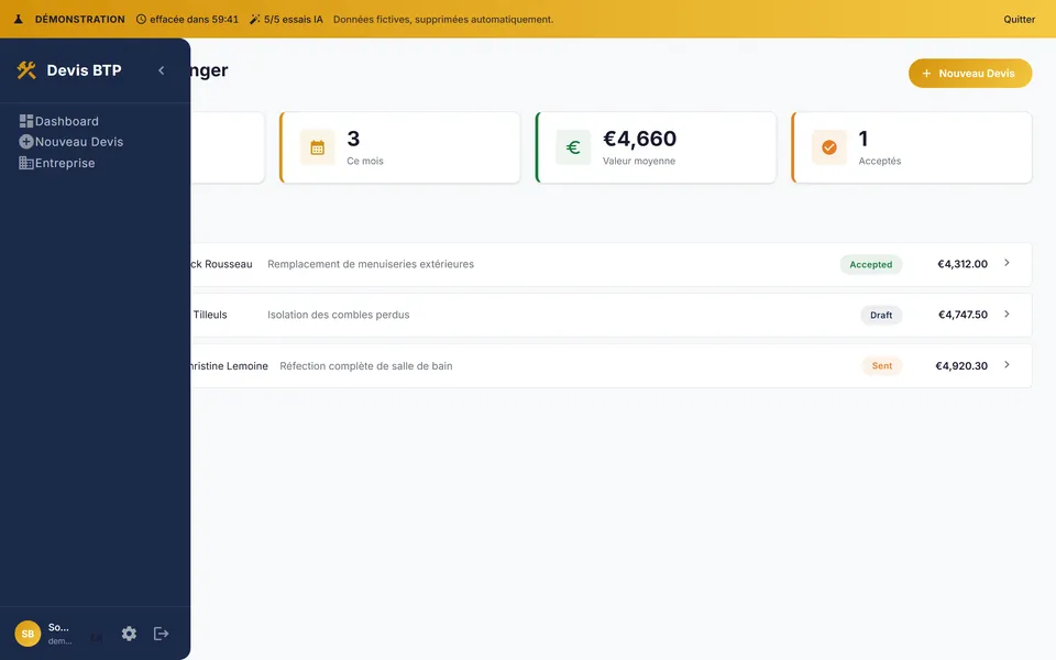 Devis BTP : le tableau de bord de la démonstration, trois devis avec statut et montant.