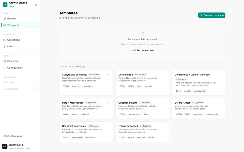 Growth Engine : la bibliothèque de gabarits de publication.