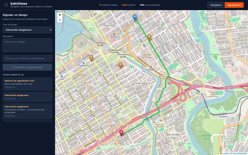 SafeOttawa : le formulaire de signalement et les signalements déjà déposés sur la carte.
