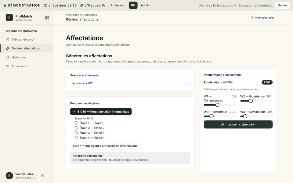 ProfMatch : le périmètre d'une génération et les quatre pondérations W1 à W4.