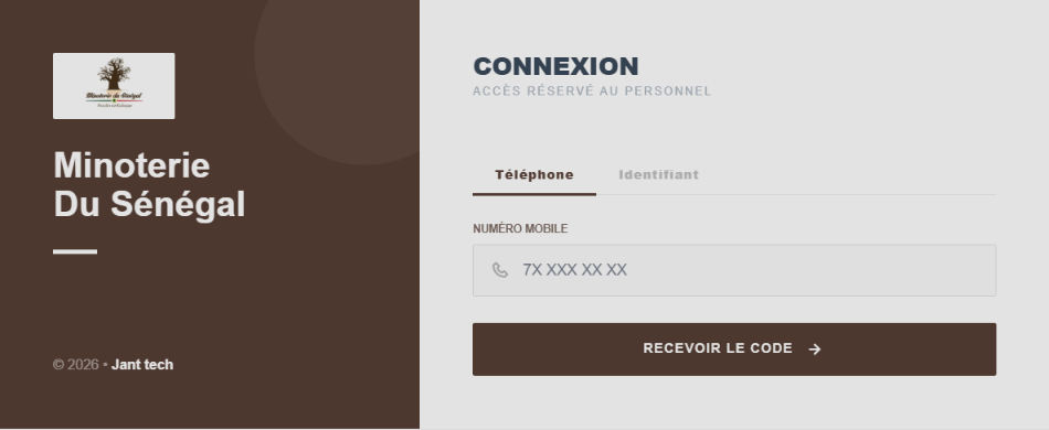 Écran de connexion de la plateforme de la Minoterie du Sénégal : entrée par numéro de téléphone et code reçu.