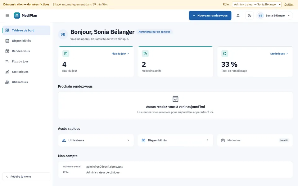 MediPlan : le tableau de bord de l'administrateur de clinique.