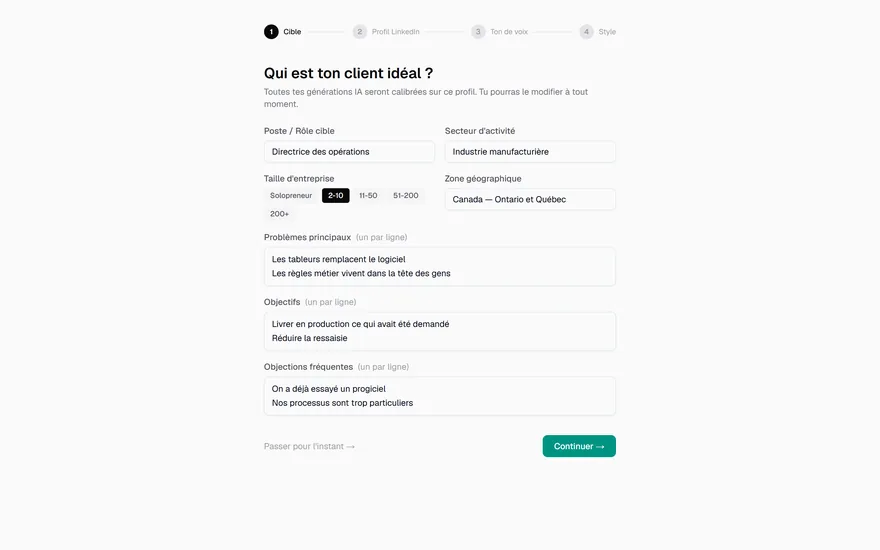 Growth Engine : la première étape de l'installation — la définition du client idéal, sur laquelle les générations sont calibrées.