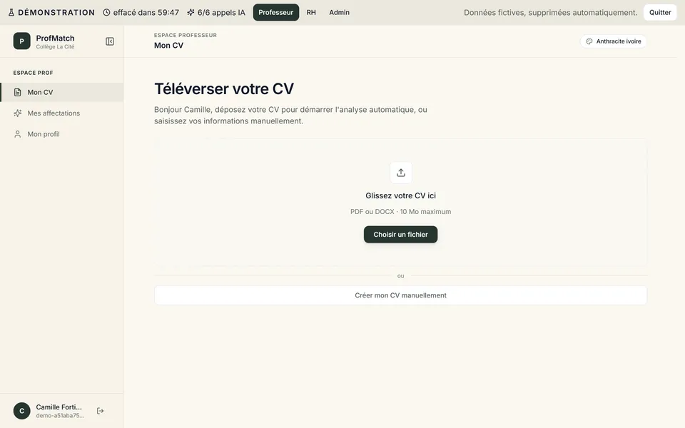 ProfMatch : l'espace du professeur, avec la zone de dépôt du CV en PDF ou DOCX.