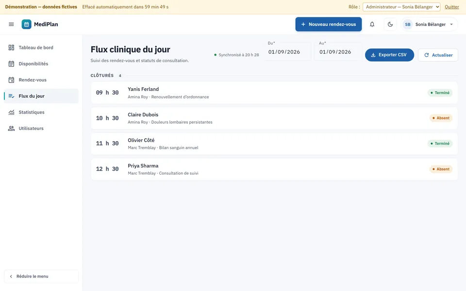 MediPlan : le flux clinique du jour, chaque rendez-vous avec son statut.