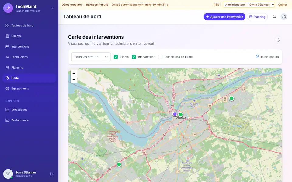 TechMaint : la carte des interventions et des techniciens.