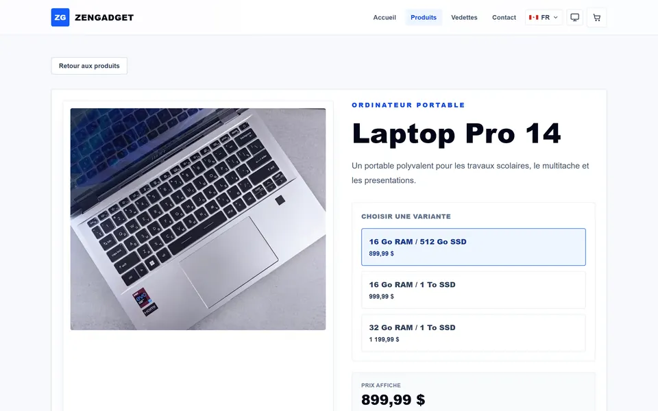ZenGadget : une fiche produit avec ses variantes.