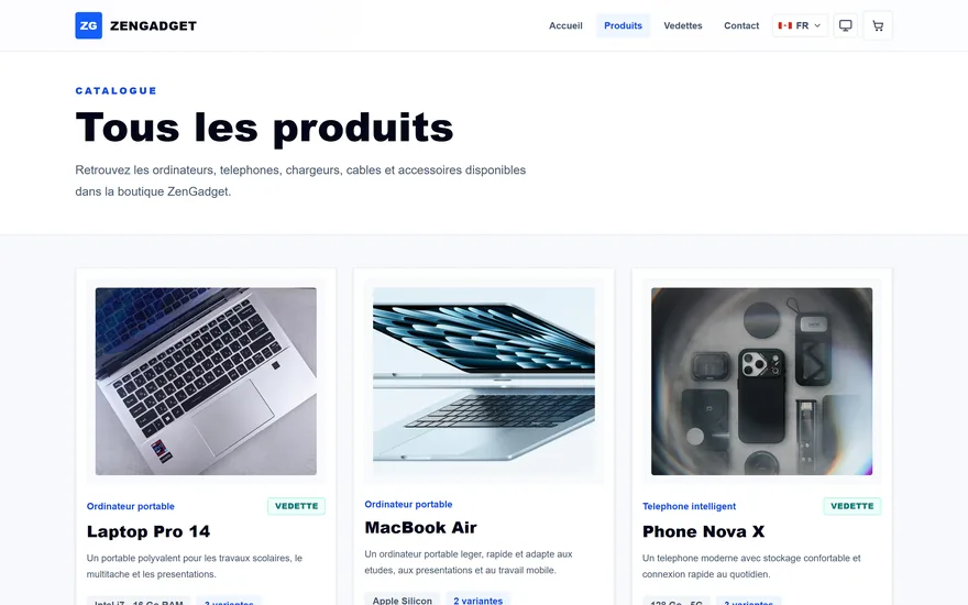 ZenGadget : le catalogue de la boutique, avec ses fiches produit et leurs variantes.